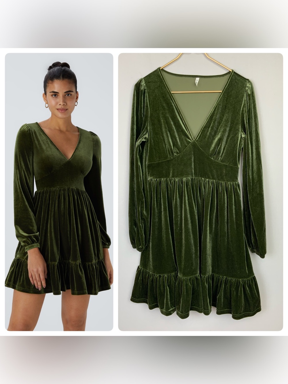 HALARA Olive Velvet Long Sleeve V-Neck Dress